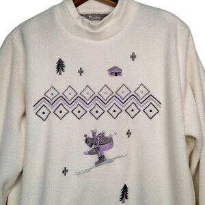 Vintage Tanjay Ski Sweatshirt Off Cream Fleece Double Crew Neck Skiing Winter
